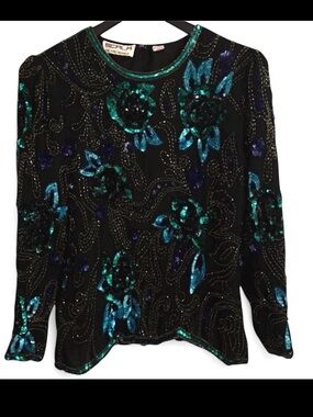 SCALA 80’s Black & Teal Silk Beaded & Sequined Floral Formal Blouse Sz XL 🤩